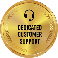 Golden seal for Dedicated Customer Support, providing assistance for GLPRO users and inquiries.
