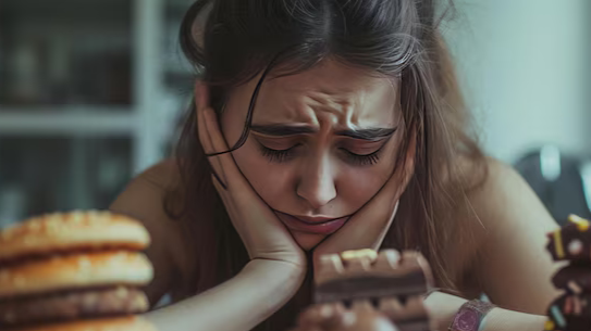 A woman looking at a burger with intense cravings, representing a struggle with a diabetic diet.