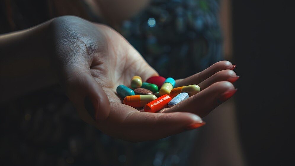 A hand holding multiple colorful pills and pills, showing the daily burden of diabetes medication.